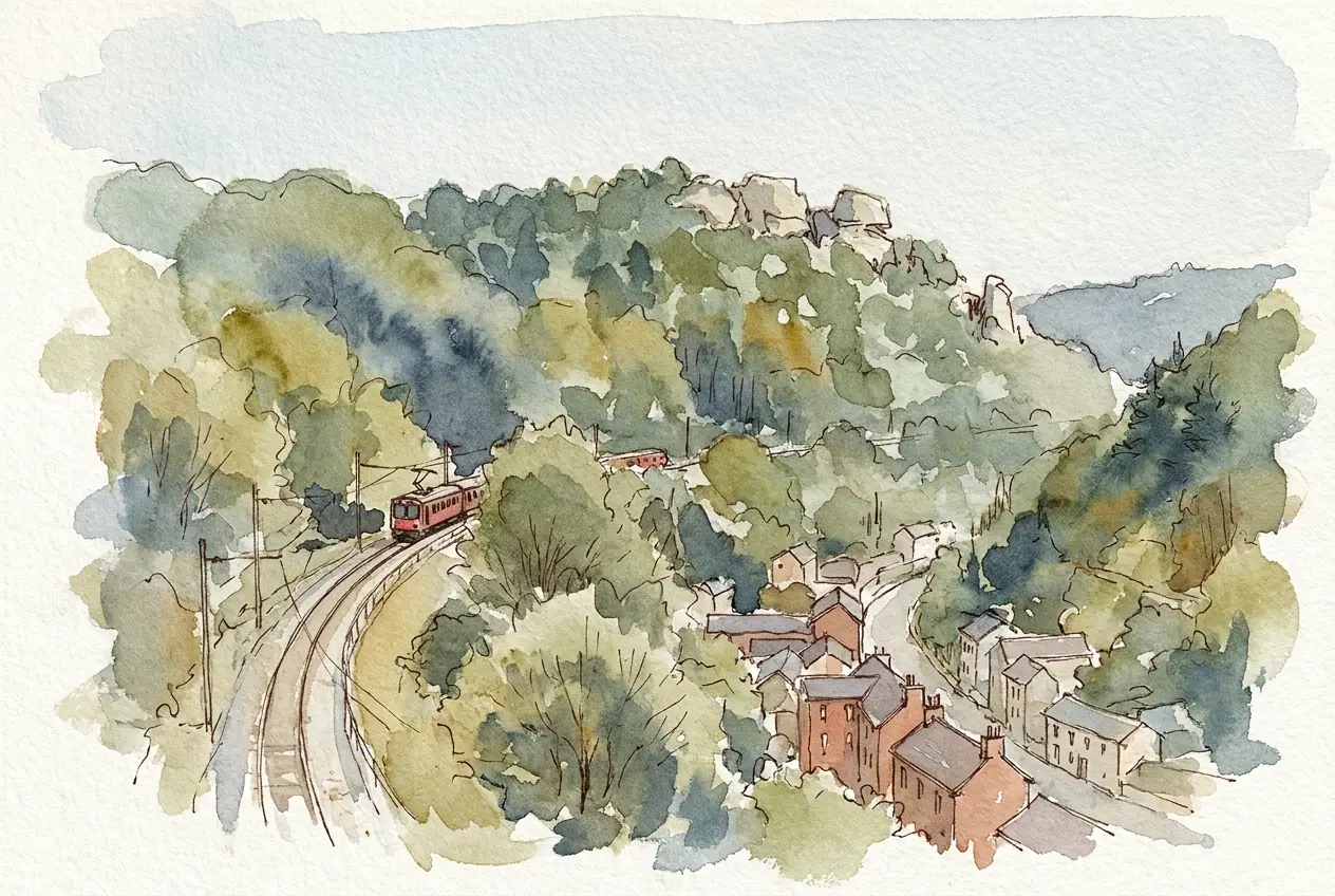 Aquarellskizze: Ein roter Regionalzug fährt in einer langen Kurve am bewaldeten Talhang bergauf, unten im engen Tal die Häuser einer Stadt, oben Kalkfelsen über dem Wald.