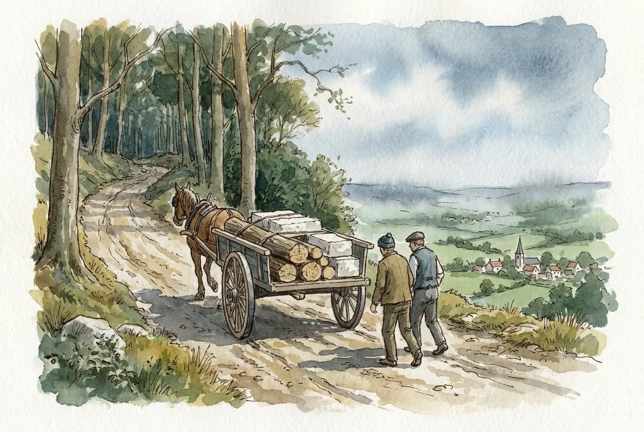 Aquarellskizze: Ein Pferdefuhrwerk mit Holzstämmen und hellen Kalksteinblöcken fährt auf einem Waldweg zur Albkante hinauf, zwei Arbeiter in Kleidung der 1920er-Jahre gehen nebenher; unten im Tal ein Dorf mit Kirchturm.