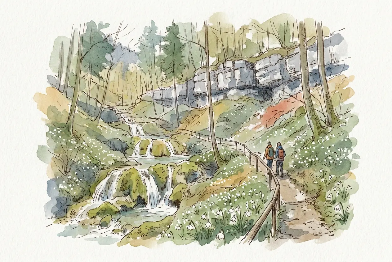 Aquarellskizze: Kleine Wasserfälle stürzen über moosige Tuffstufen unter einem grauen Kalkfelsband, der Waldboden ist voller weißer Märzenbecher; zwei Wanderer bleiben auf einem Pfad mit Holzgeländer.